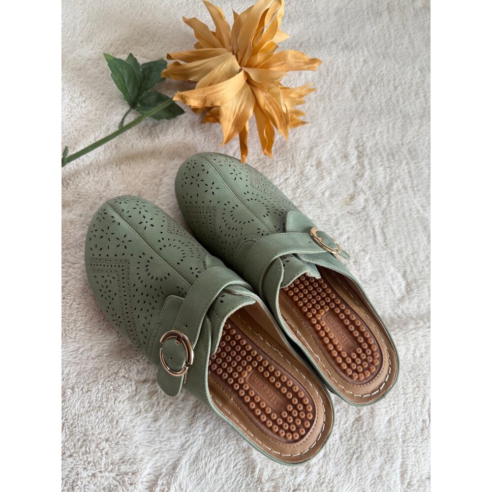 Perforated Slip-On Mules with Buckle in Sage Green